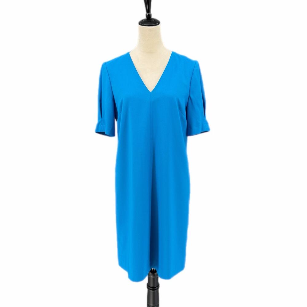 Preston & York Bright Blue Crepe V-neck Short Sleeve Shift Flattering Chic Dress